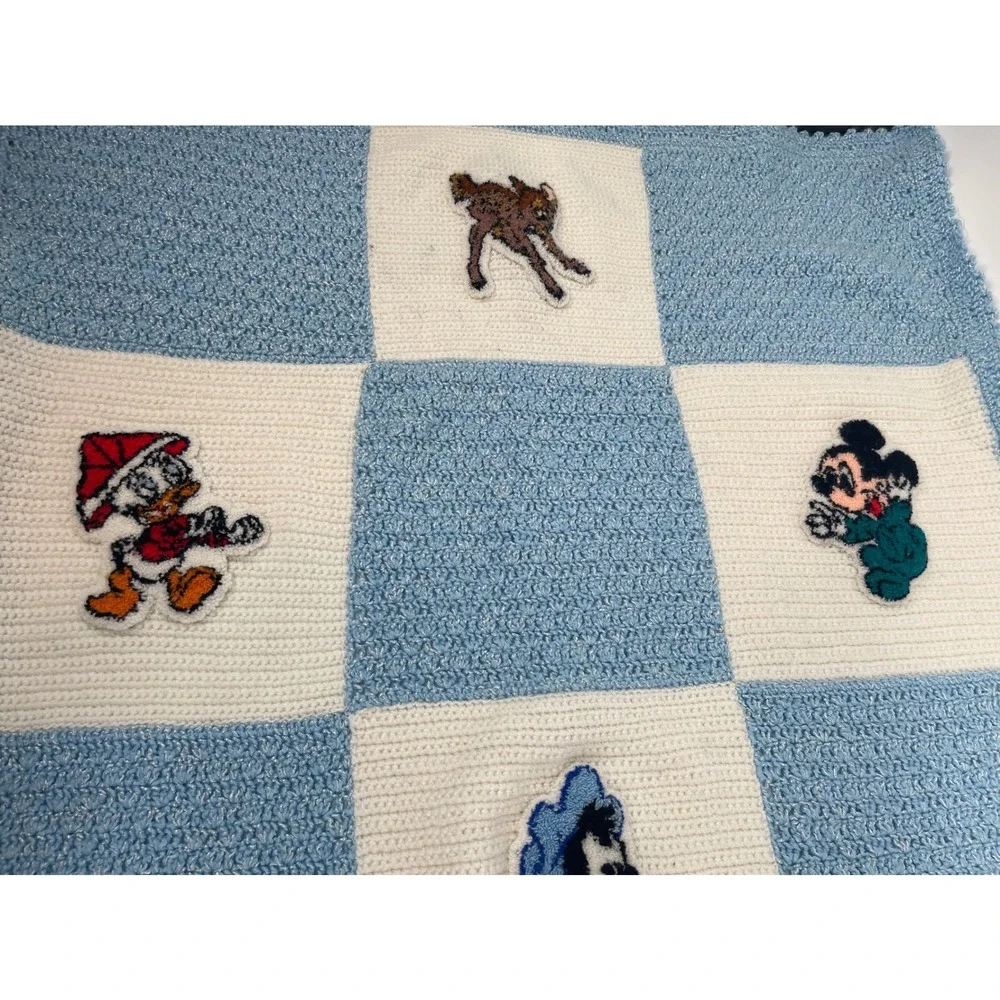 Disney Baby Hand Knitted Crochet Blanket Mickey Minnie Donald Blue White 31x46